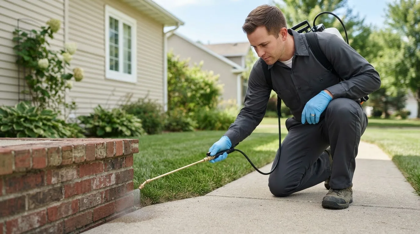 Pest control technician treating a home near Welcome, MN